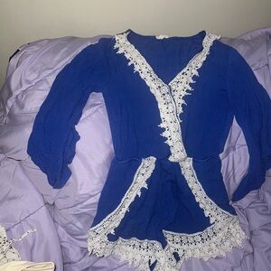 Blue Lace-Trimmed Jumpsuit